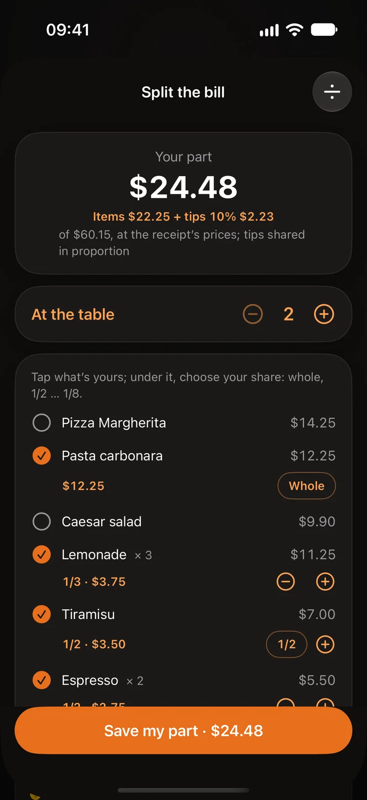 Receipts and splitting a bill