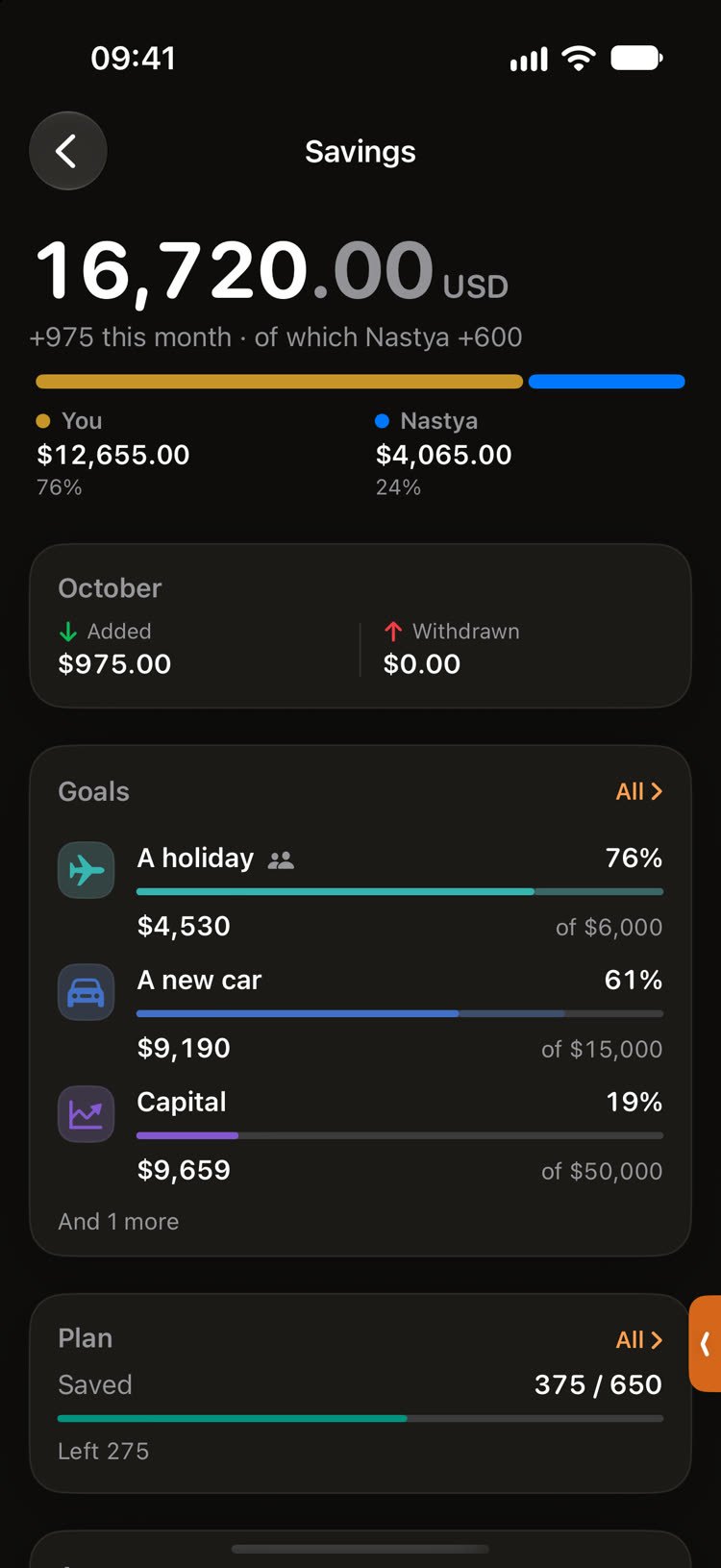 Savings: your and Nastya’s parts, the shared goal “A holiday”